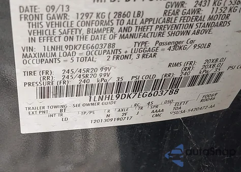 2014 Lincoln Mks from USA, damaged, VIN 1LNHL9DK7EG603788